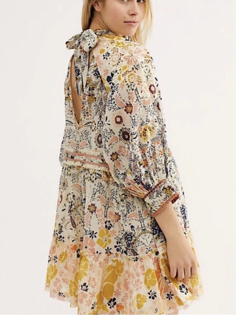 Free People Nouveau Mini Dress Long Balloon Sleeves Embroidery Open Back XS - Picture 2 of 10